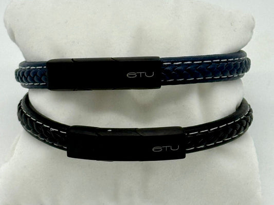 bracciale uomo in pelle e acciaio con filo bianco